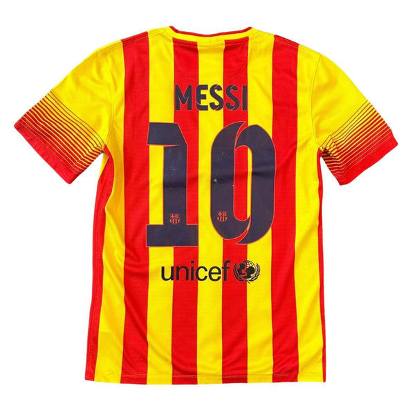 Camisa Retrô Barcelona II Messi #10 2013 - Torcedor Masculina - Amarelo e Vermelho