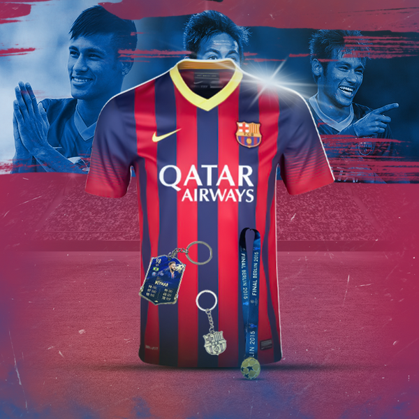 Kit "First Day" Neymar 11 FC Barcelona 2013-14 Home - Medalha Champions Chaveiro UT Chaveiro Barcelona Camisa personalizada