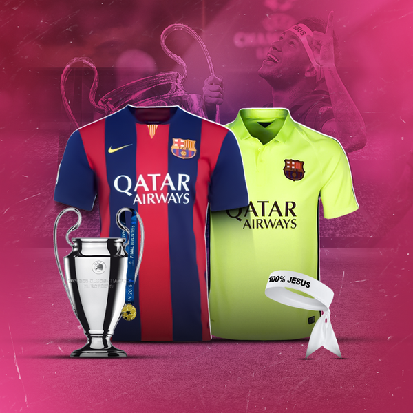 Kit Combo "Saudades do Ney" - Barcelona 2015 - Camisa Barcelona Azul Grena com Patchs e Camisa Verde + Taça - Medalha Champions League Final - Faixa