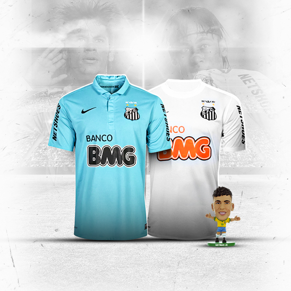 Kit "O Lendário" Neymar Jr - Santos 2012 - Camisa Branca e Camisa Azul + Mini Craque Neymar